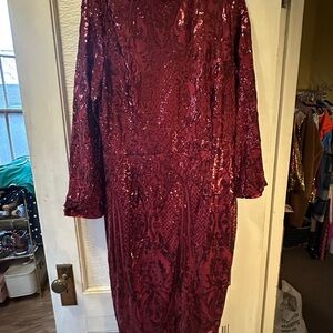Boohoo Burgundy Long Sleeve Sequin Dress